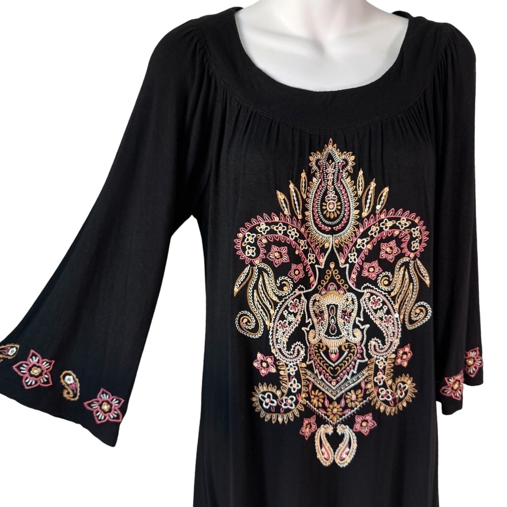 Tanuja Tunic Dress Women Large Black Embroidered Paisley Boho Festival Hippie